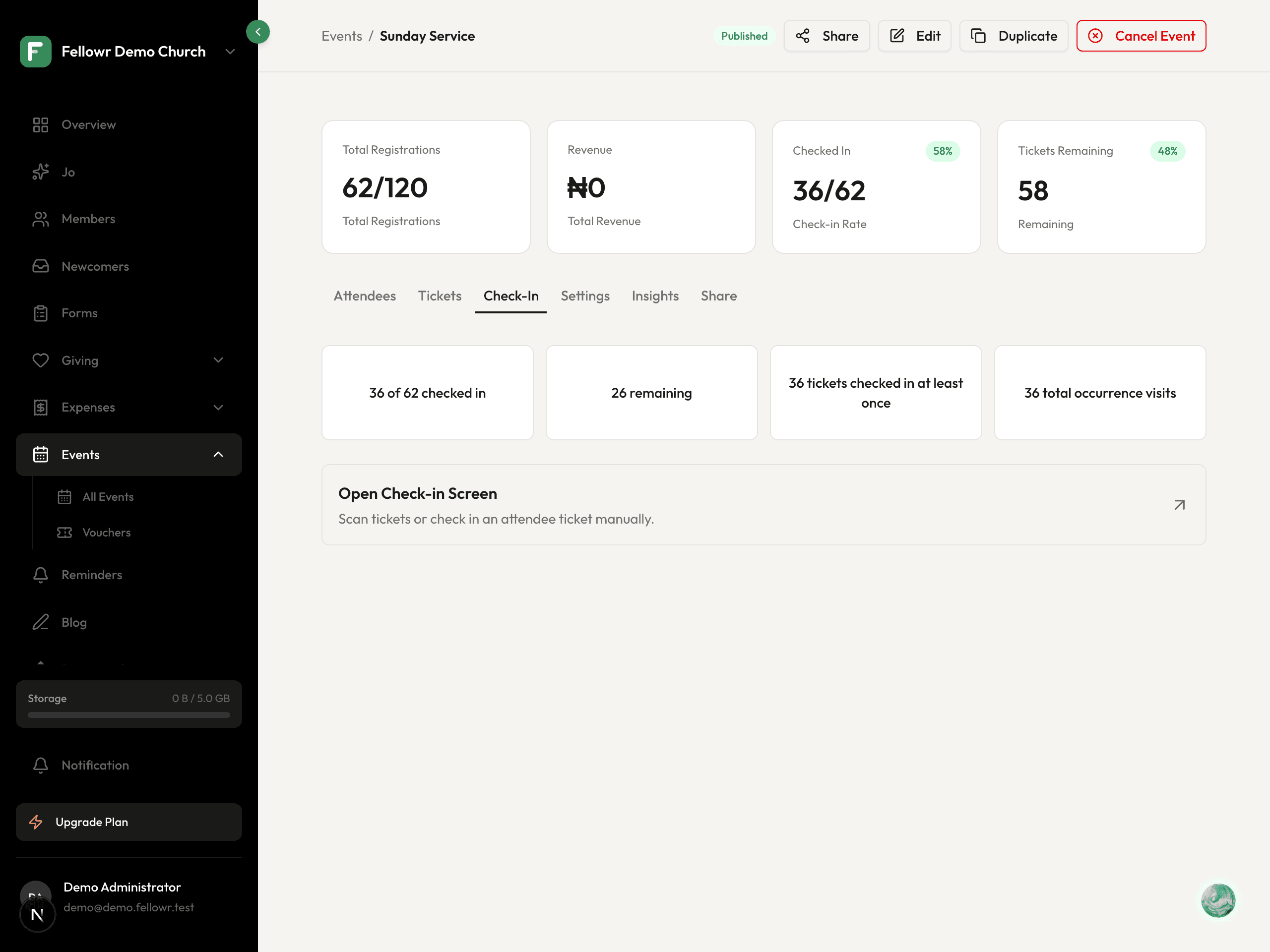 Check-in in progress: 36 of 62 attendees checked in, 26 remaining