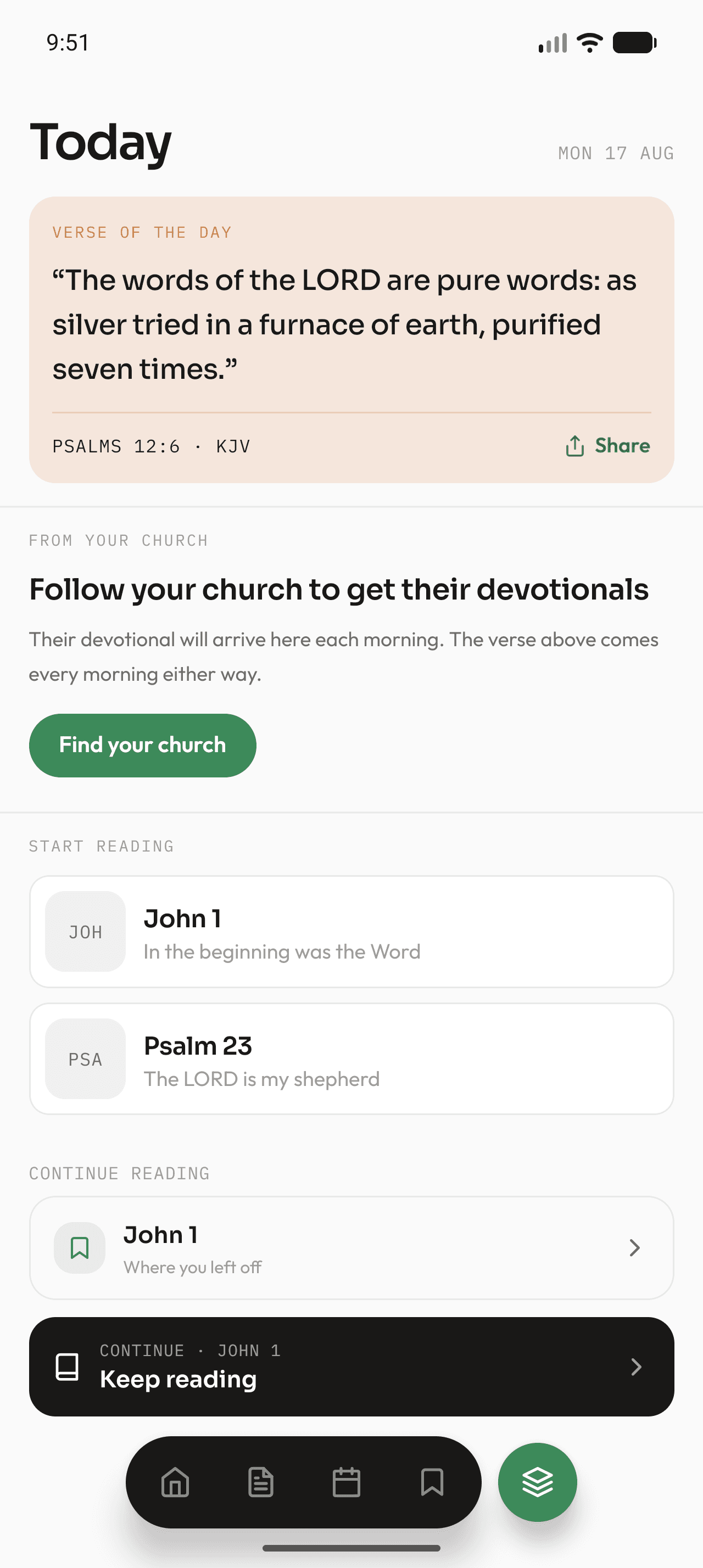 The Today tab: Verse of the Day, your church's devotional, and a continue-reading dock